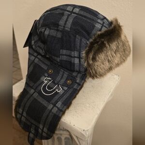 🔥🔥 NWT True Religion Plaid Trapper Hat with Fur Trim🔥🔥